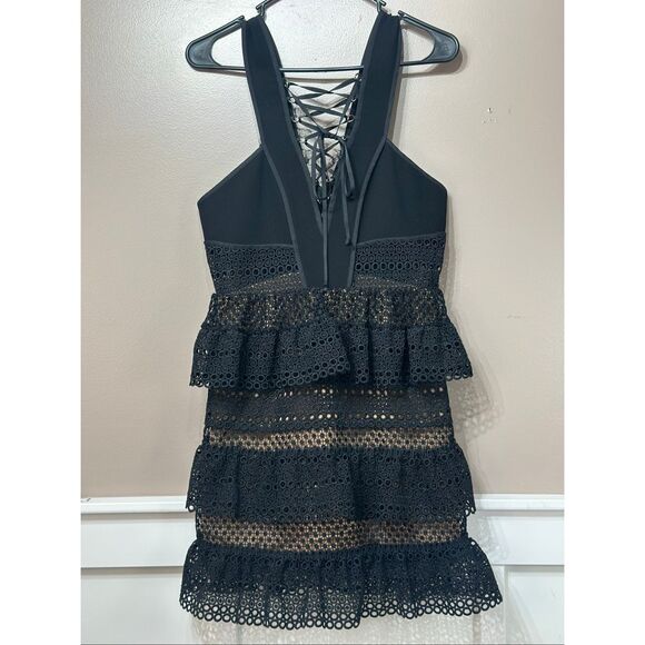 NWOT Self-Portrait Black Lace Up Ruffled Tiered Mini Dress Women's Size 8US - Picture 2 of 12
